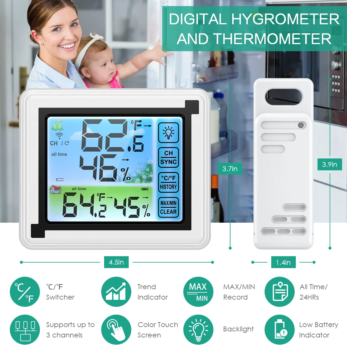 ORIA Touch screen Weather Station Outdoor Forecast Sensor Backlight Thermometer Hygrometer Wireless | Дом и сад