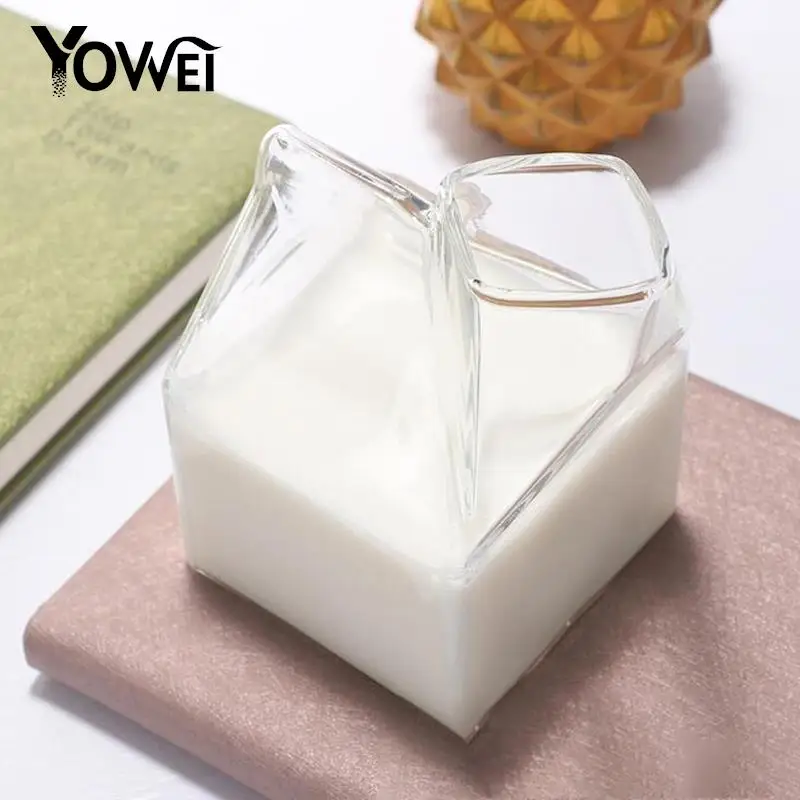 1PCS 300ML Half Pint Milk Carton Style Creative Mini Creamer Jug Glass Milk Mug Glass Drinking Syrup Tea Bottle