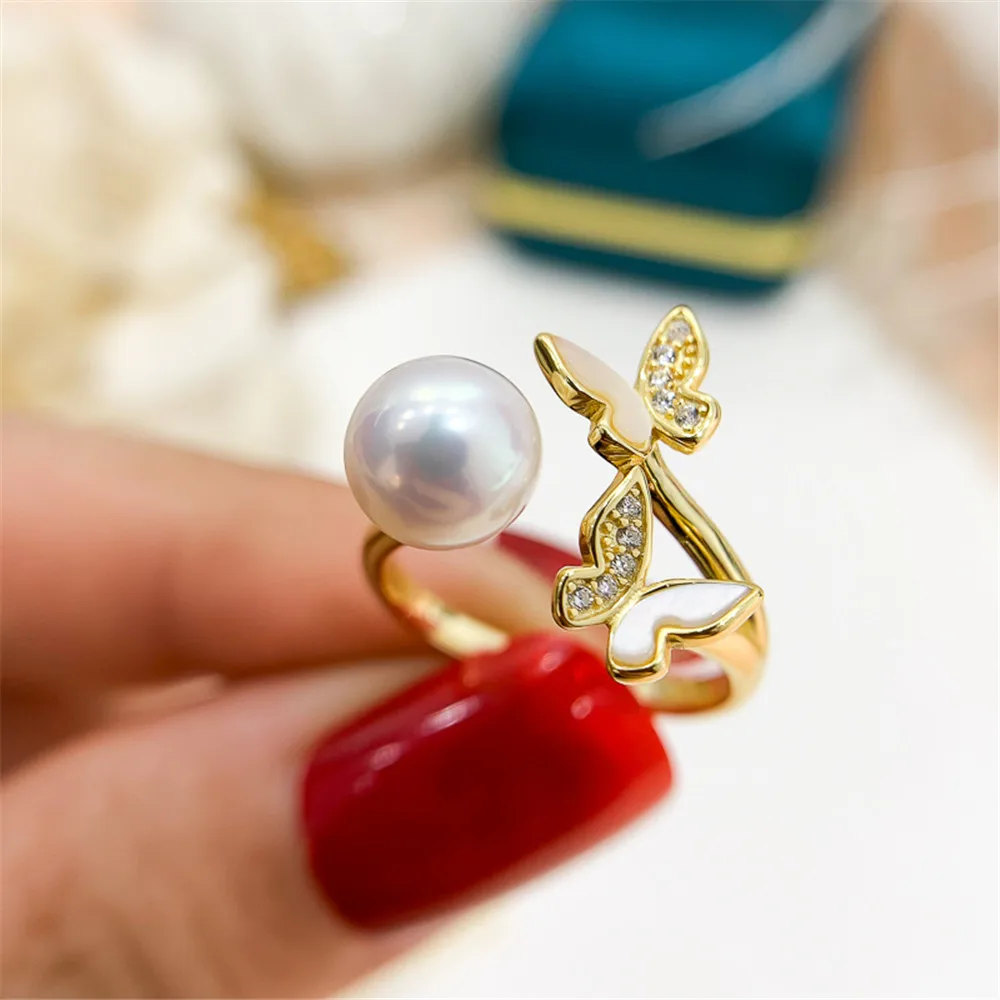 

DIY Pearl Accessories S925 Sterling Silver Ring with Empty Butterfly Version Ring Silver Brace with 6-9mm Beads