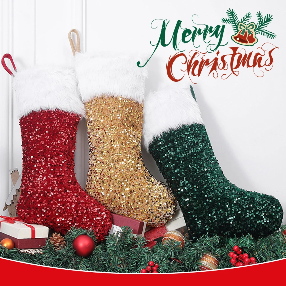 

Рождественские украшения, Сияющие Блестки, рождественские чулки, плюшевые носки, рождественский подарок для детей, мешок для конфет, украше...