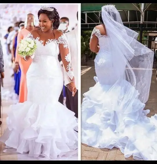 

Plus Size Mermaid Wedding Dresses Vintage African Long Sleeves Lace Appliques Bridal Gowns Vestidos De Novia