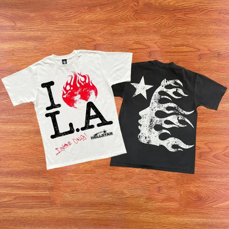 

Stock Hellstar Studios Tshirts Washed Flame Love Letter Print Short Sleeve Tops Hiphop Street Oversized T-Shirt for Men Women