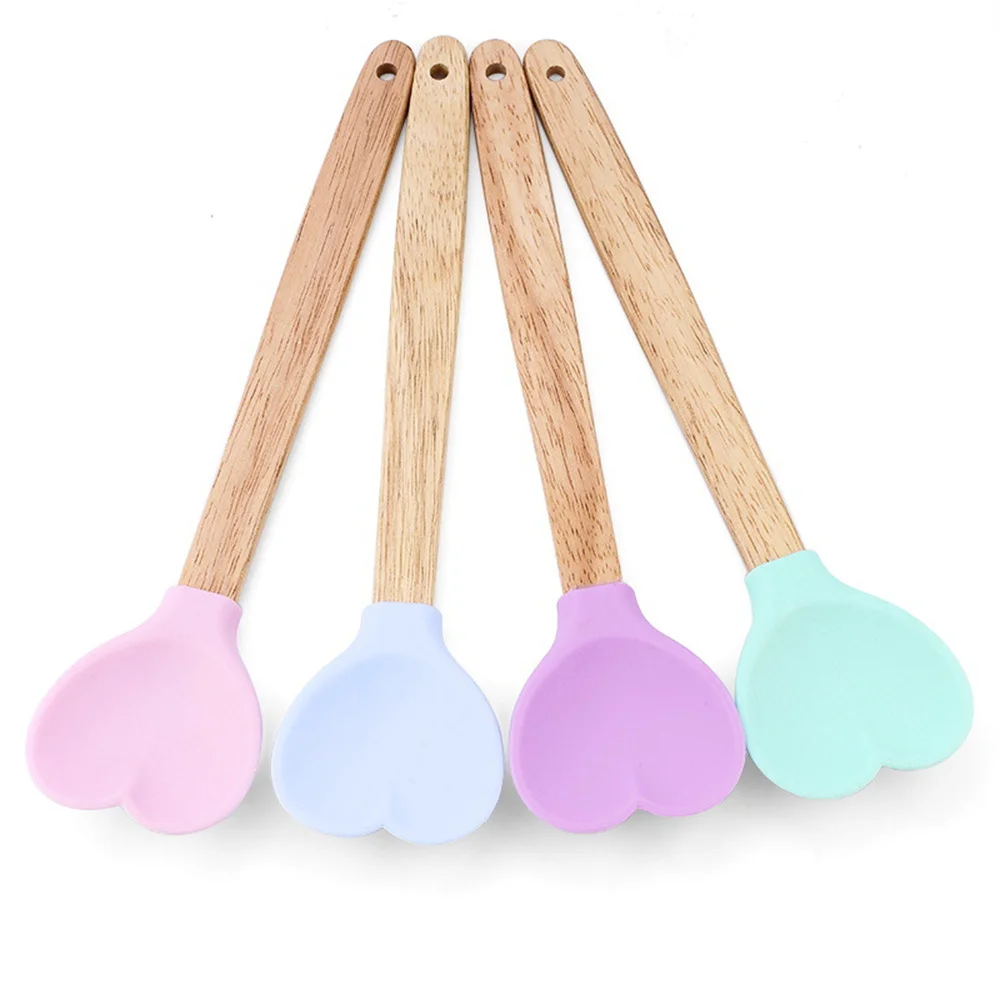 

Household Heart-shaped Silica Gel Stirring Spoon Silicone Heat Insulation Spoons Wooden Handle Baking Stirring Stick Solid Color