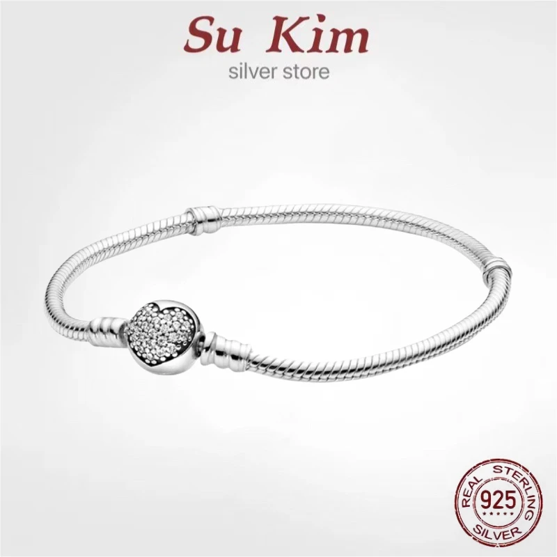 

hot sale Luxury Original 100% 925 Sterling Silver Snake Chain pan Bracelet Crown Bangle for Women Authentic Charm DIY Jewelry
