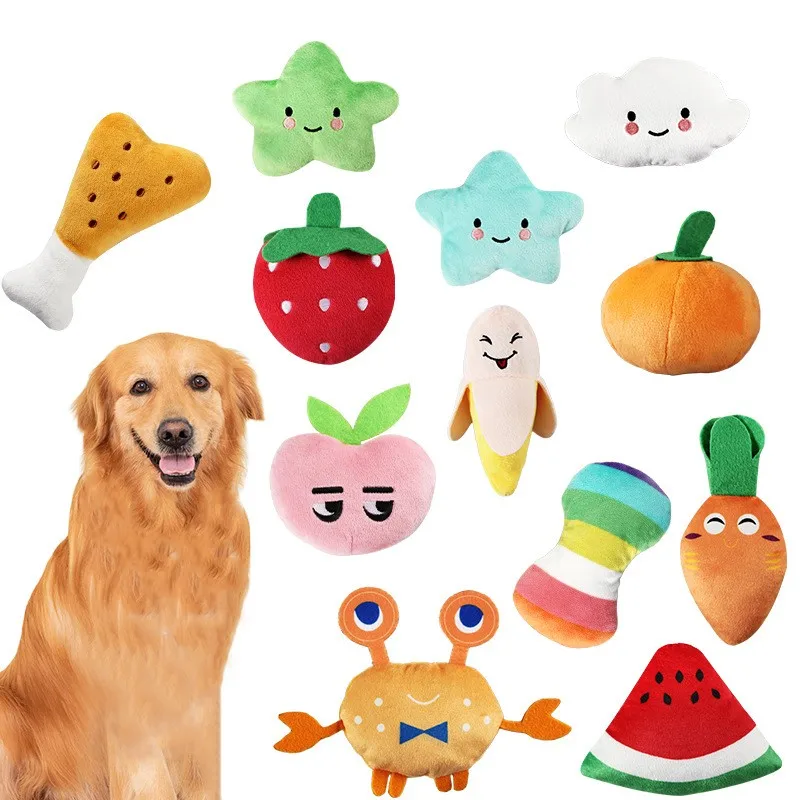 

1pcs Sounding Pet Dog Puppy Chew Toy Fruit Vegetable Chicken Drum Bone Squeaky Toy For Cat Pets Plush Red Pepper Eggplant Radish