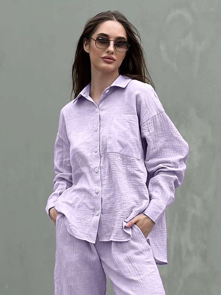 

Hiloc фиолетовая свободная Хлопковая пижама с длинным рукавом элегантные женские комплекты с карманами однобортный женский пижамный комплект осень 2023