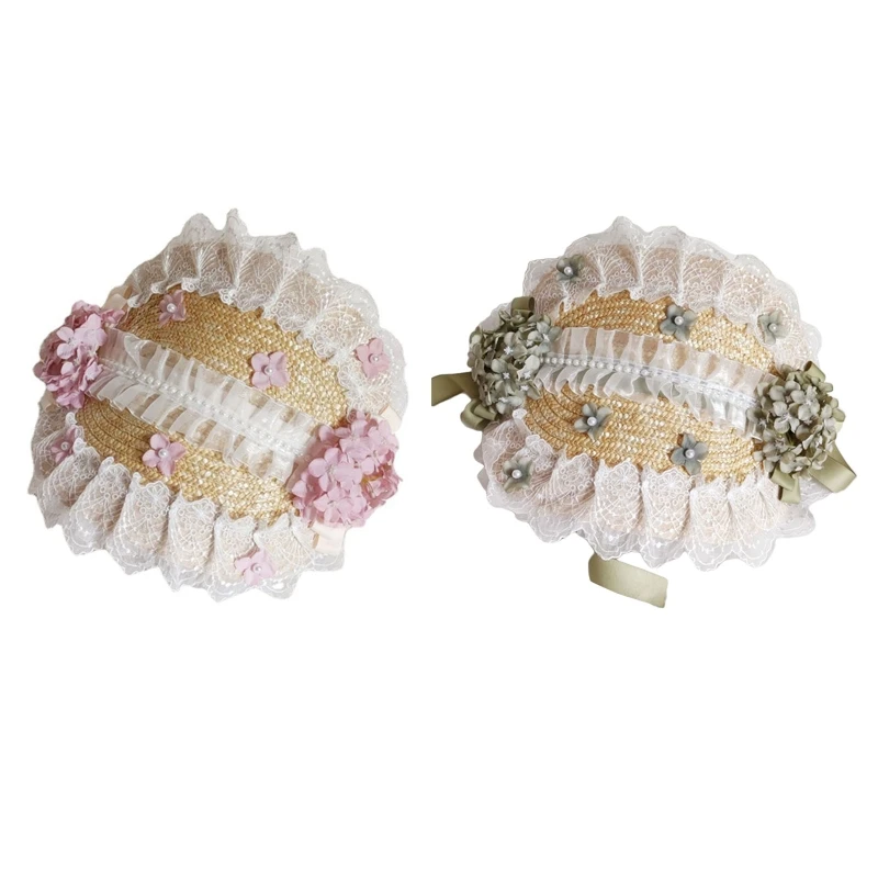 

Gorgeous Flat Top Hat Sweet Lace Pastoral Straw Hat Parent-children Bonnet Hat All-match Summer for Girl Women T8NB