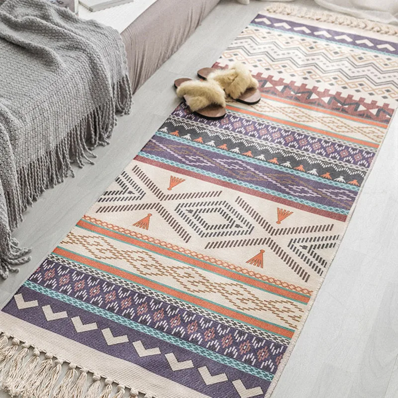 

Ethnic Style Cotton And Linen Soft Carpet Geometry Tassel Home Rug Livingroom Bedroom Decorative Multifunction Carpet Floor Mat