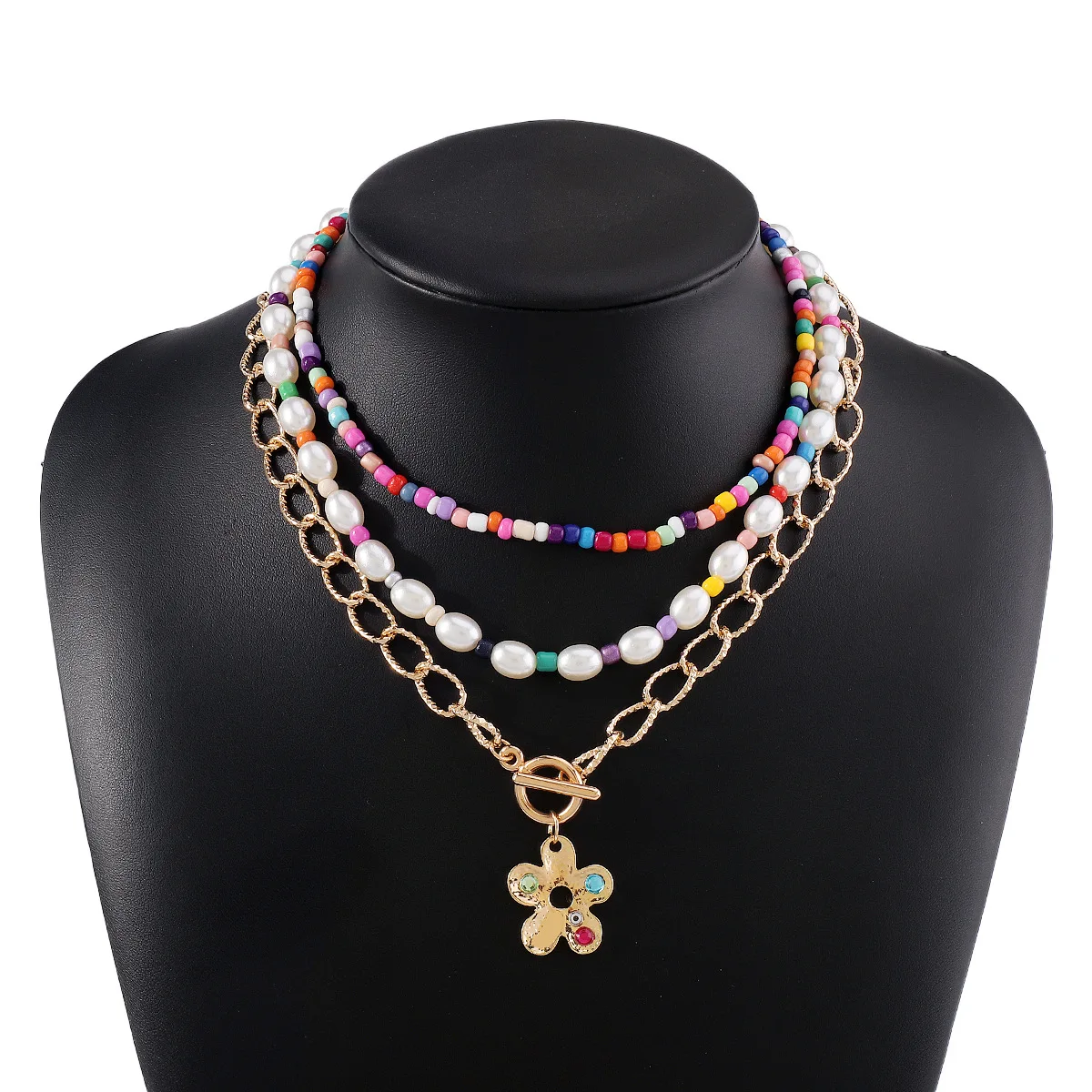 Exaggerated color necklace Bohemian style multi-layer beaded necklace with sweet flower necklace.