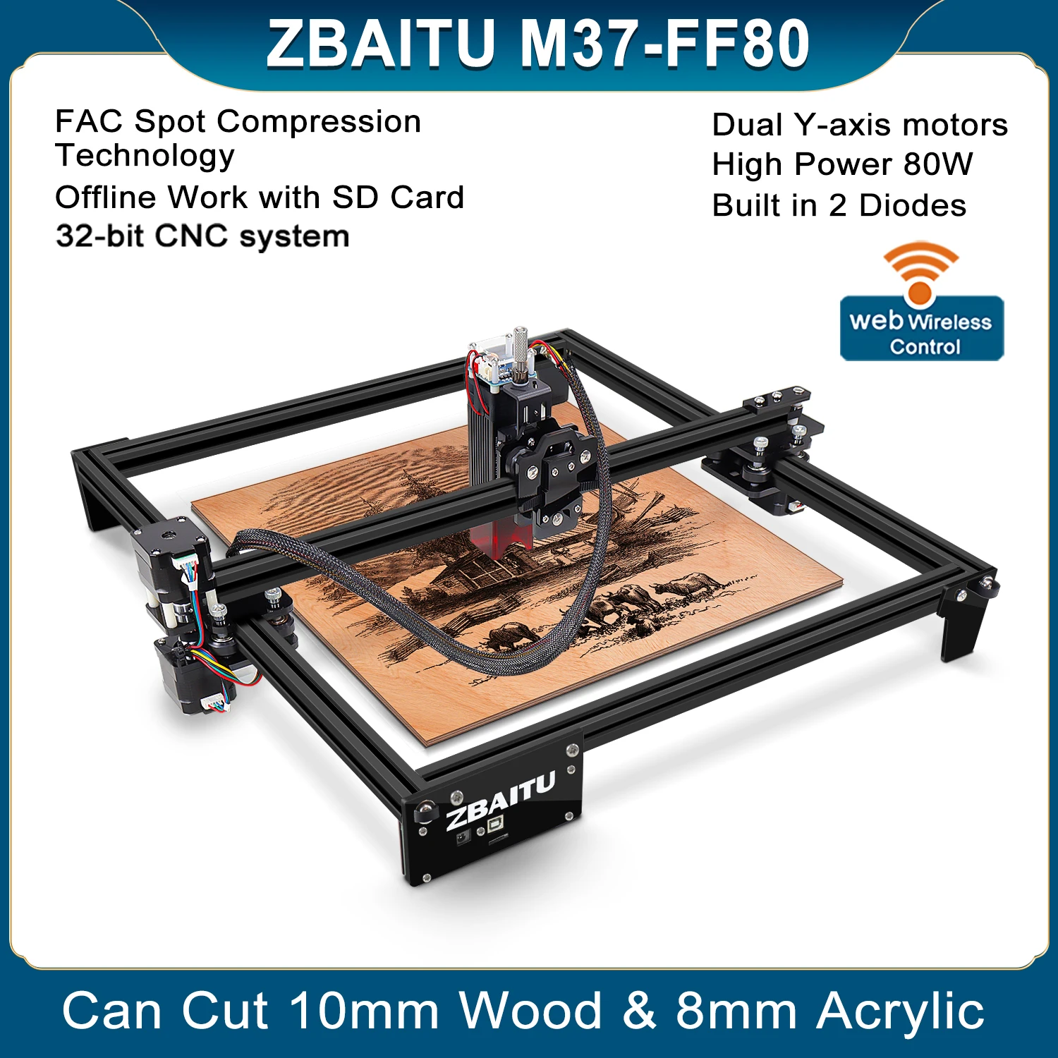Cheap CNC ZBAITU-M37 Laser Engraving Machine, 30w/40w/80w, Cutting Machine, 370*370mm Large Area, Dual Y-axis Motor, Engraving Steel.