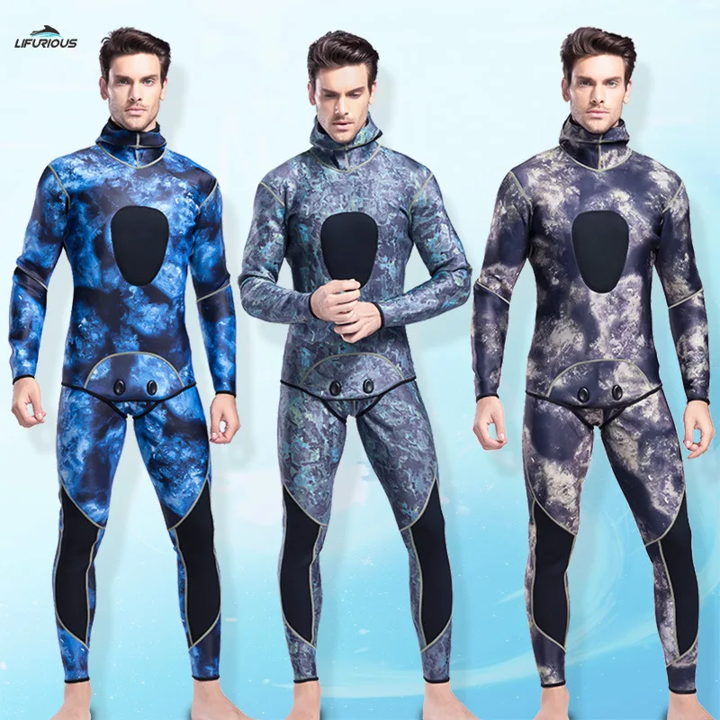

3mm Camouflage Wetsuit Long Sleeve Fission Hooded 2 Pieces Of Neoprene Submersible Suit For Men Keep Warm Waterproof Diving Suit