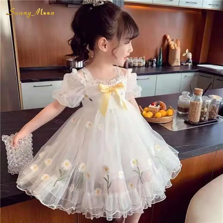 

Baby Girl Summer infant toddler jumpsuit Princess Skirt Embroidery mesh Gauze Bubble Sleeve dress Little girl Pretty skirt 1-10Y