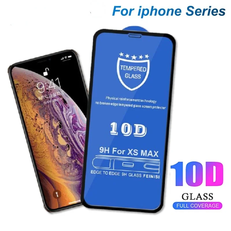 

RYWER for 50pcs 10D Screen Protector for IPhone 13 12 11 Pro Max XS X 8 7 6S Plus SE Glass Film on I13
