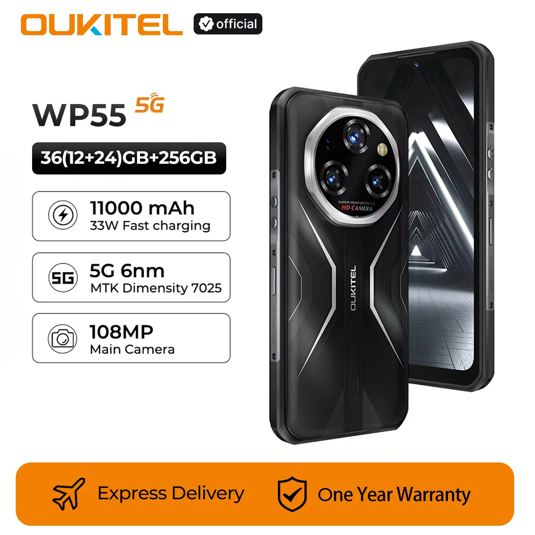 Фото Прочный смартфон Oukitel WP55 11000 мАч, 5G, 36 ГБ (12 + 24) + 256 ГБ, сотовый телефон, Android 15, камера 108 МП, NFC, мобильный телефон с отпечатками пальцев №1
