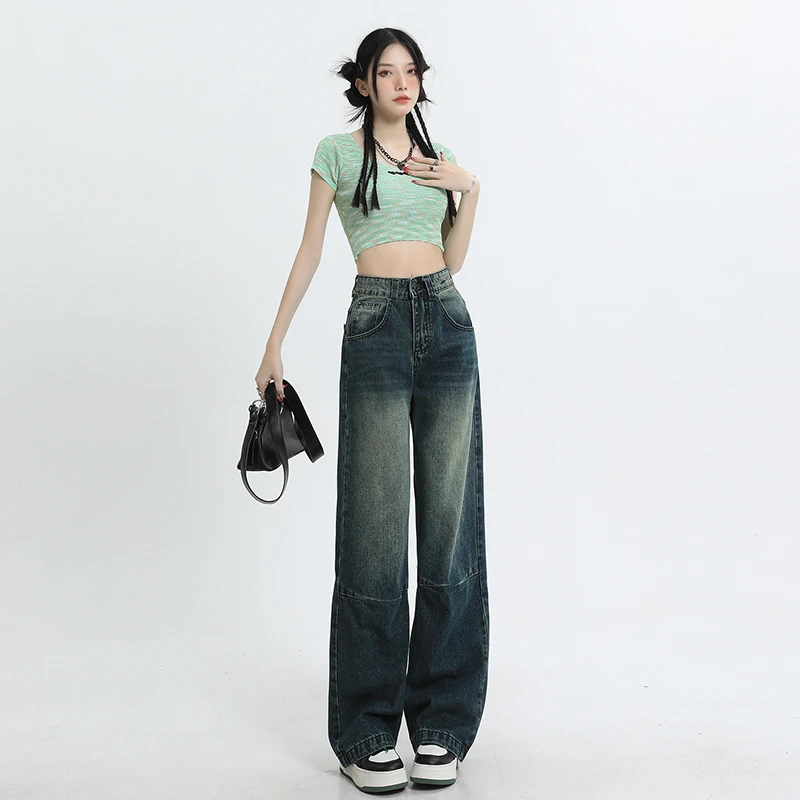 Real time jeans women's trousers Baby blue spring summer commuting loose wide leg mop pants washed and polished white straight t