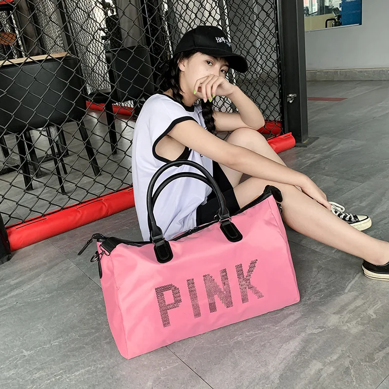 Women's Sports Bag Trendy Outdoor Travel Bags Large Waterproof Yoga Fitness Bags Weekend Bag Packing Cubes Pink Duffle Bag