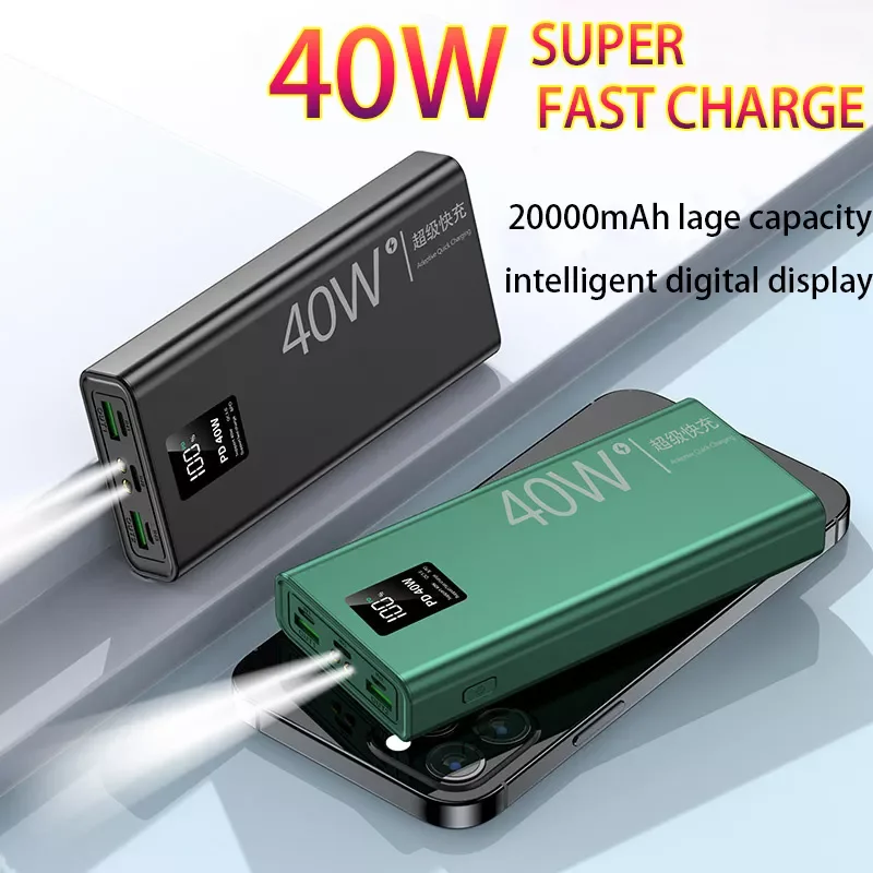 

2023New PD40W Super Fast Charging Power Bank 20000mAh Charger Digital Display External Battery Flashlight for iPhone Xiaomi QC3.