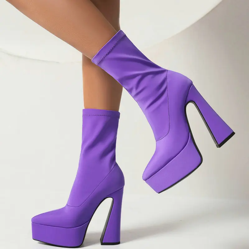 

Fashion Ladies Spring Autumn Elastic Mid Calf Boots Platform Short Boots Female Shaped Heel Slip On Large Size Women's Shoes