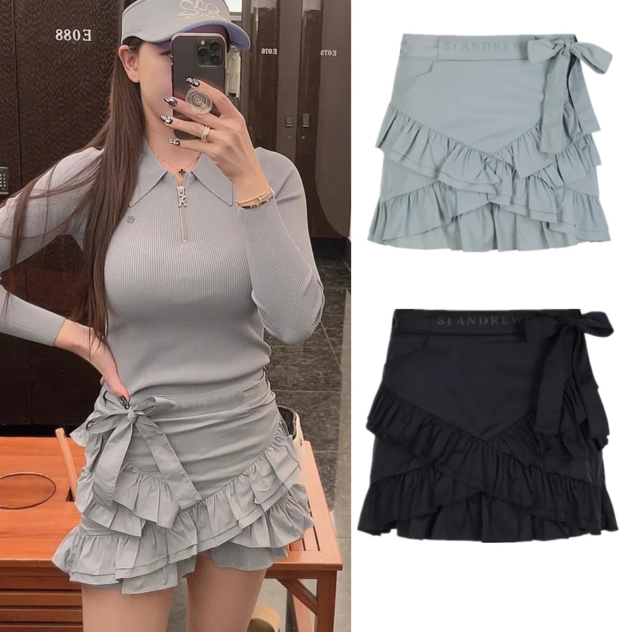 new spring ST golf skirt for women ribbon double slit skirt with short pants inside golf tennis sports casual skirt golf bottom
