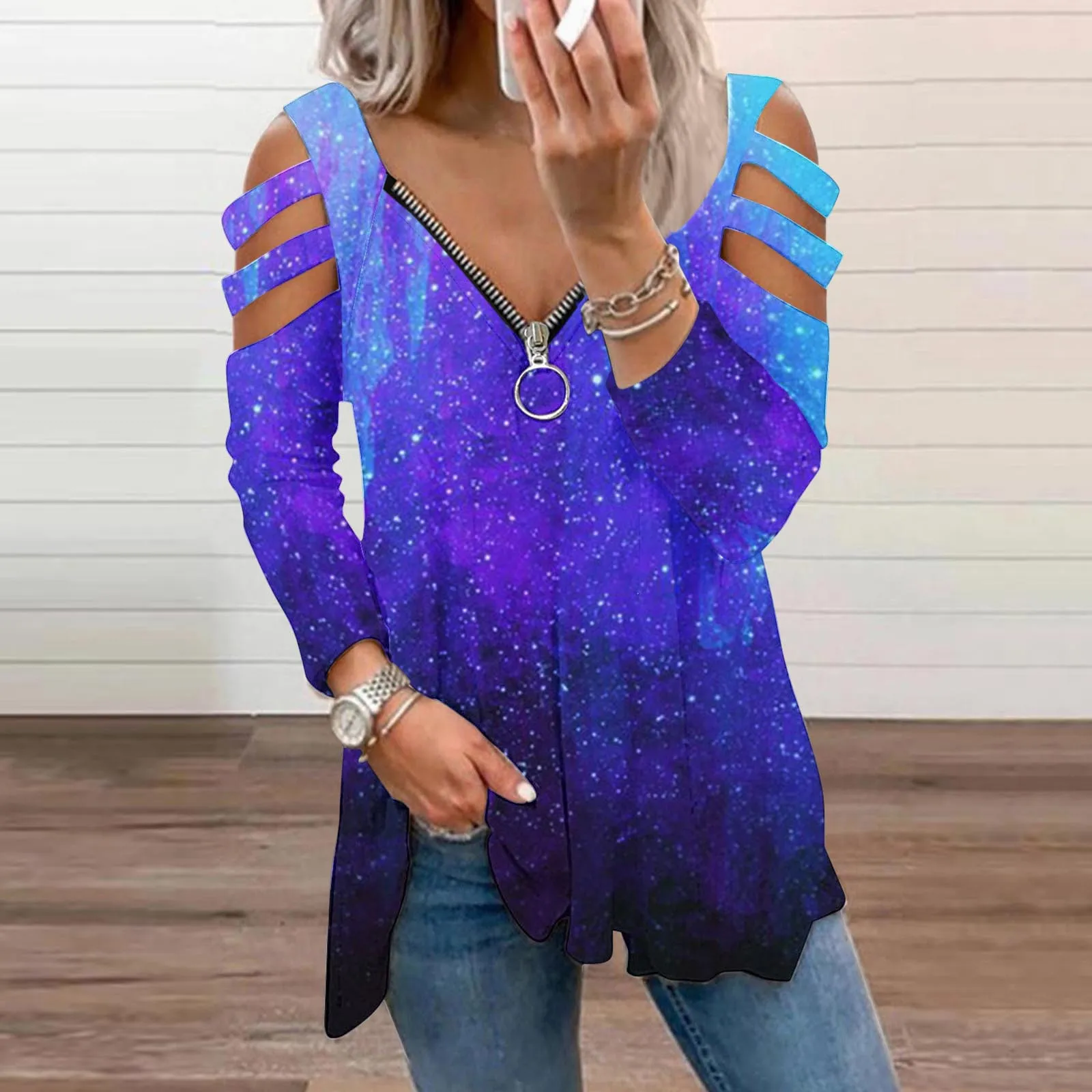 

Tops For Women Western Shirt Long Sleeve Zipper Pullover Color Block Stitching V Neck Short Sleeve Sweater Tunic V Fashion