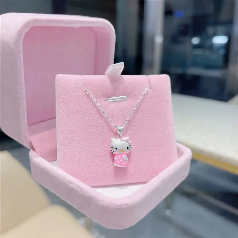 

Hello Kitty Kawaii Cartoon 925 Sterling Silver Necklace Silver Pendant Hello Kitty Short Clavicle Chain Children's Anime Jewelry