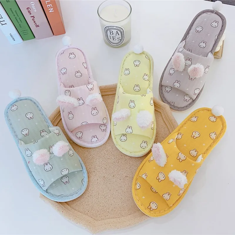 Cute Rabbit Ears Slippers Kawaii Indoor Slippers Open Toes Lady Girl Women Home Shoes Comfortable Flat Sweaty Non-slip Summer