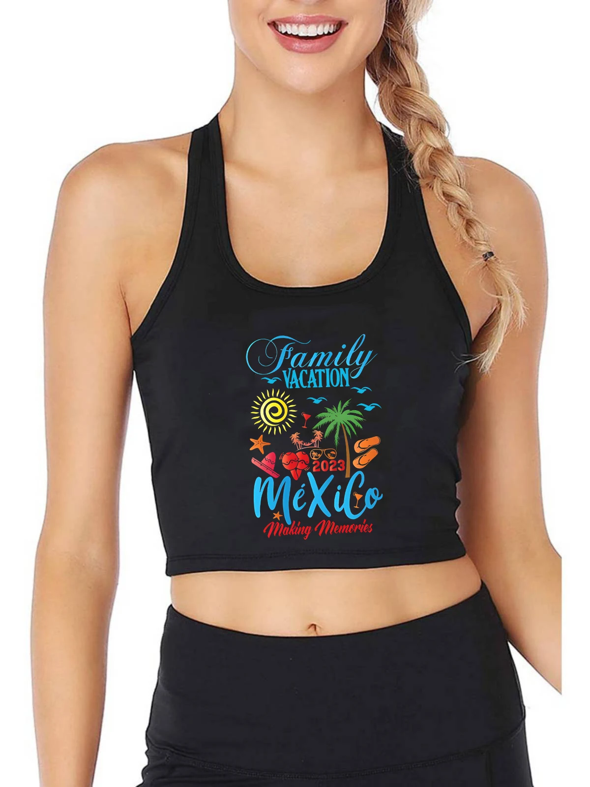 

2023 Mexico Family Vacation Graphical Sexy Slim Fit Crop Top Women's Street Fashion Cotton Sports Tank Tops Casual Camisole