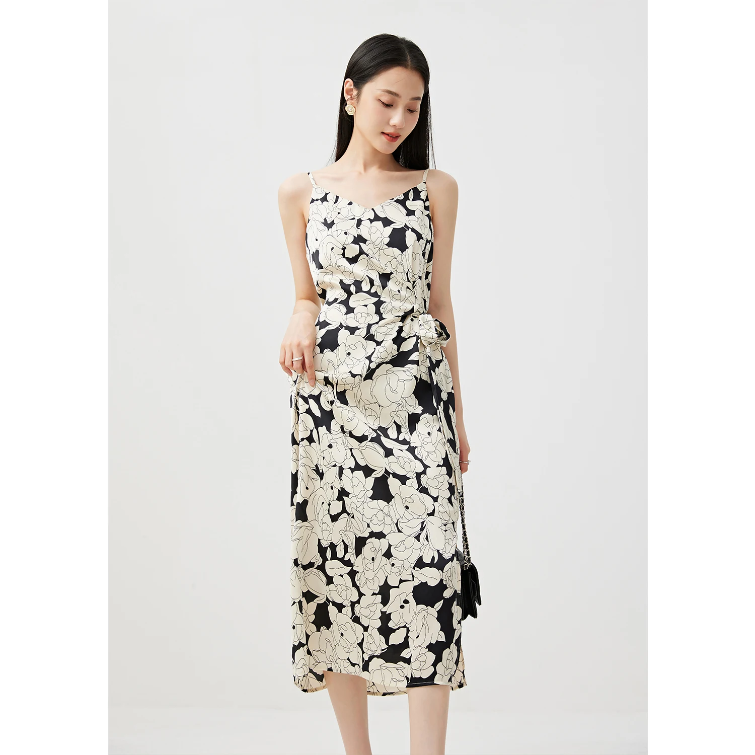 

SHUCHAN Print Camisole Spaghetti Strap Summer Dress Women V-Neck Polyester A-LINE Mid-Calf Vestidos De Fiesta