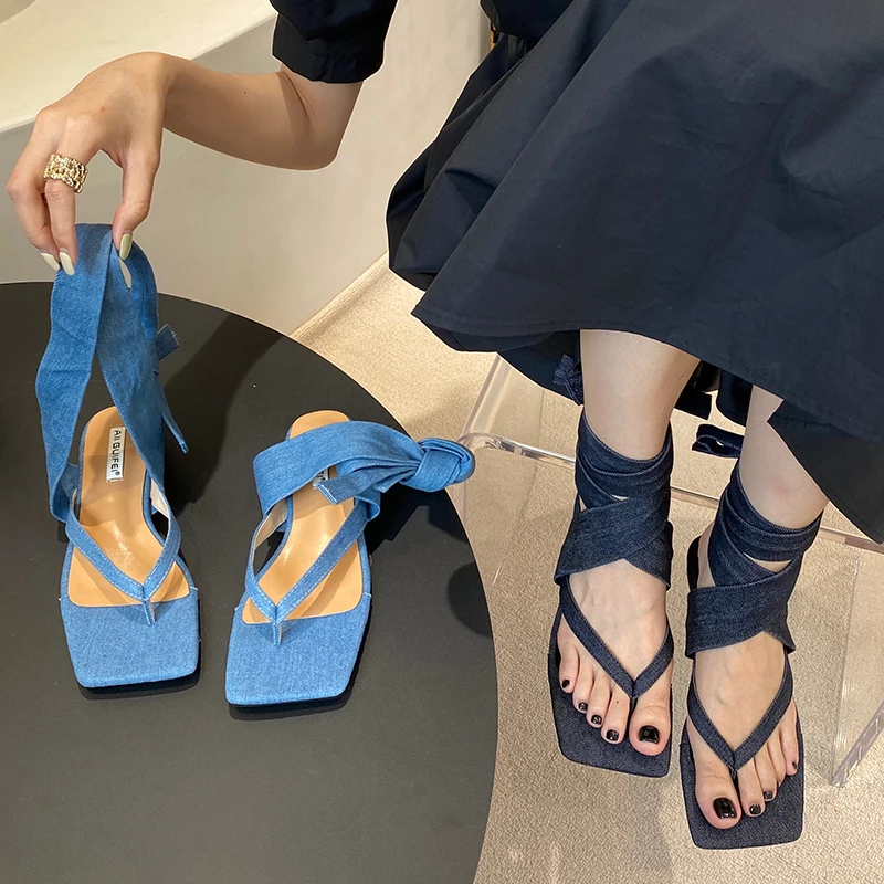 

Shoes Women Pumps Flip Flops Blue Denim Sandals Fashion Female Outside Cross-tied Gladiator Sandals 2022 Summer Ladies Heels