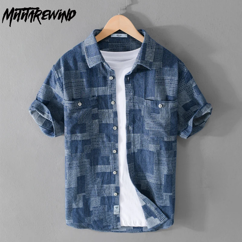 Рубашка мужская джинсовая в клетку короткий рукав отворот двойной карман