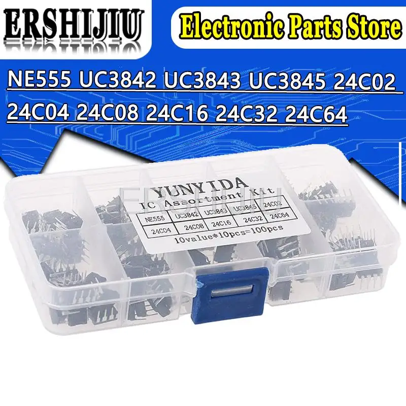 100 шт. NE555 UC3842 UC3843 UC3845 24C02 24C04 24C08 24C16 24C32 24C64 DIP IC набор коробка каждая 10 - купить по