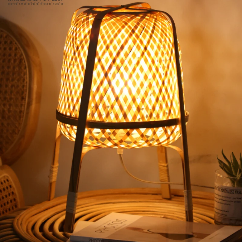 Rattan Woven Japanese Zen Floor Lamp Woven New Chinese Bedroom Bedside Lamp