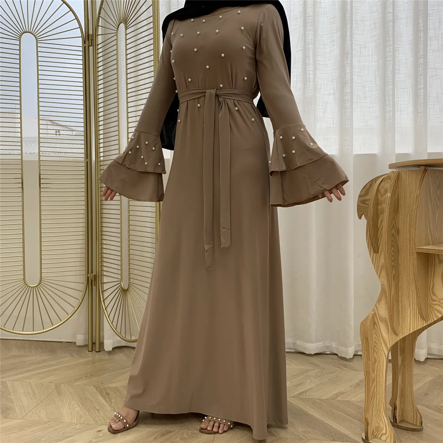 

Wepbel Eid Abaya Women Muslim Dress Multi-Layer Bell Sleeve Bead Robe Kaftan Islamic Clothing Lace Up Dress Muslim Abaya Caftan