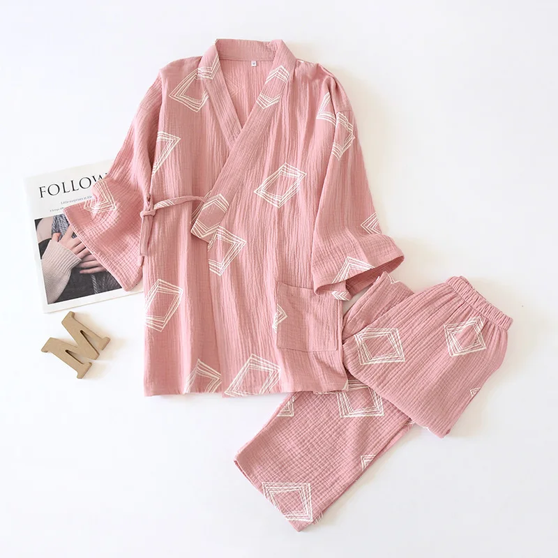 Cotton Pajamas Two Piece Set for Women and Men Printing Loungewear Kimono Robe Lace Up Loose Cardigan Trousers Steam Pajama Sets