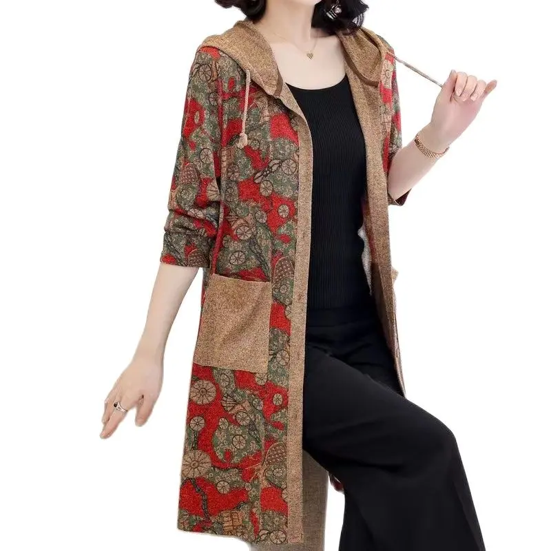 

Куртка женская Свободная с капюшоном, пиджак с разными пуговицами в стиле ретро, литература, с цветочным принтом, пальто для мам, весна-осень