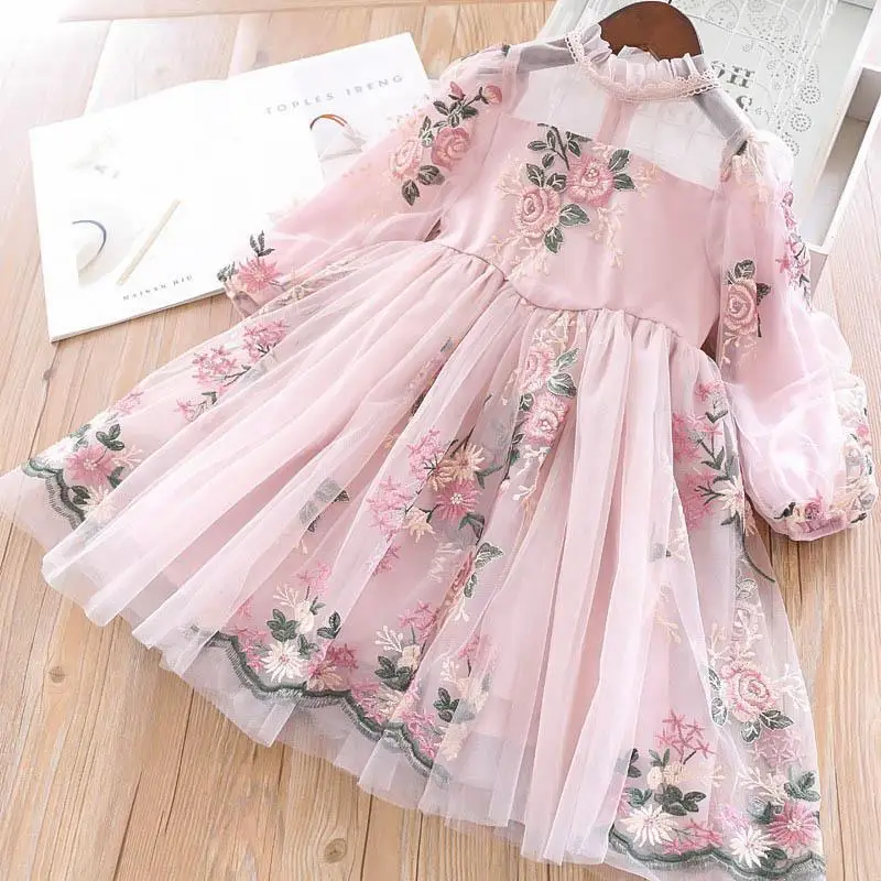 

Long Sleeve Lace Flower Embroidery Princess Dress Flare Sleeve Sweet Girls Dress 3-8Y Girls Little Bridesmaid Frocks Dresses