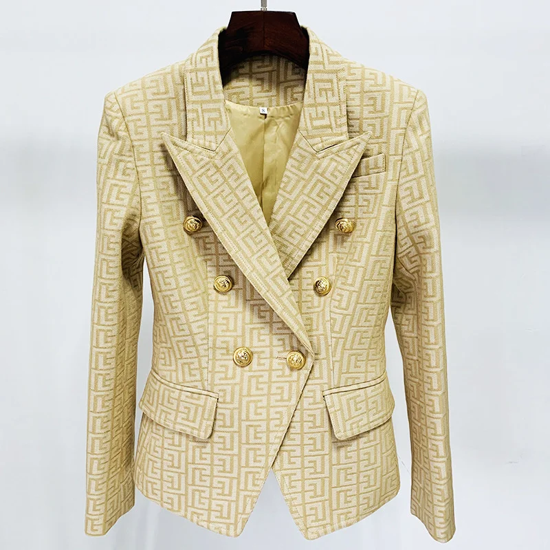 

Blazer Women Khaki Plaid Labyrinth Jacquard Double Breasted Gold Lion Button Office Business Blazers Jacket 2022 High Quality