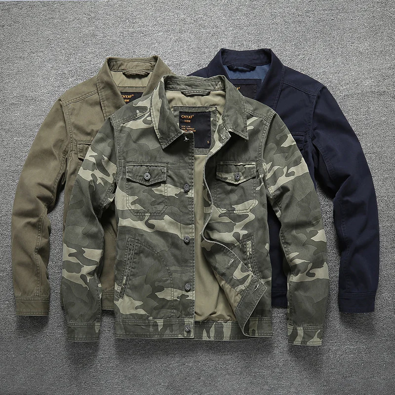 

Autumn Cotton Outerwear Men's Safari Style Multi Pockets Cargo Jacket Turn-Down Color Casual Spring Jacket Outdoor Camo Coat