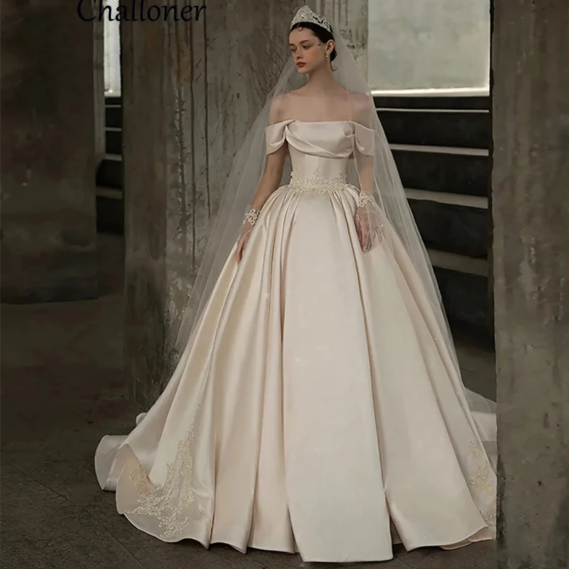 Купи Challoner Princess Wedding Dress Ball Gowns Elegant Satin Boat Neck Bride Dresses Robe De Mariee Off The Shoulder Wedding Gowns за 8,544 рублей в магазине AliExpress