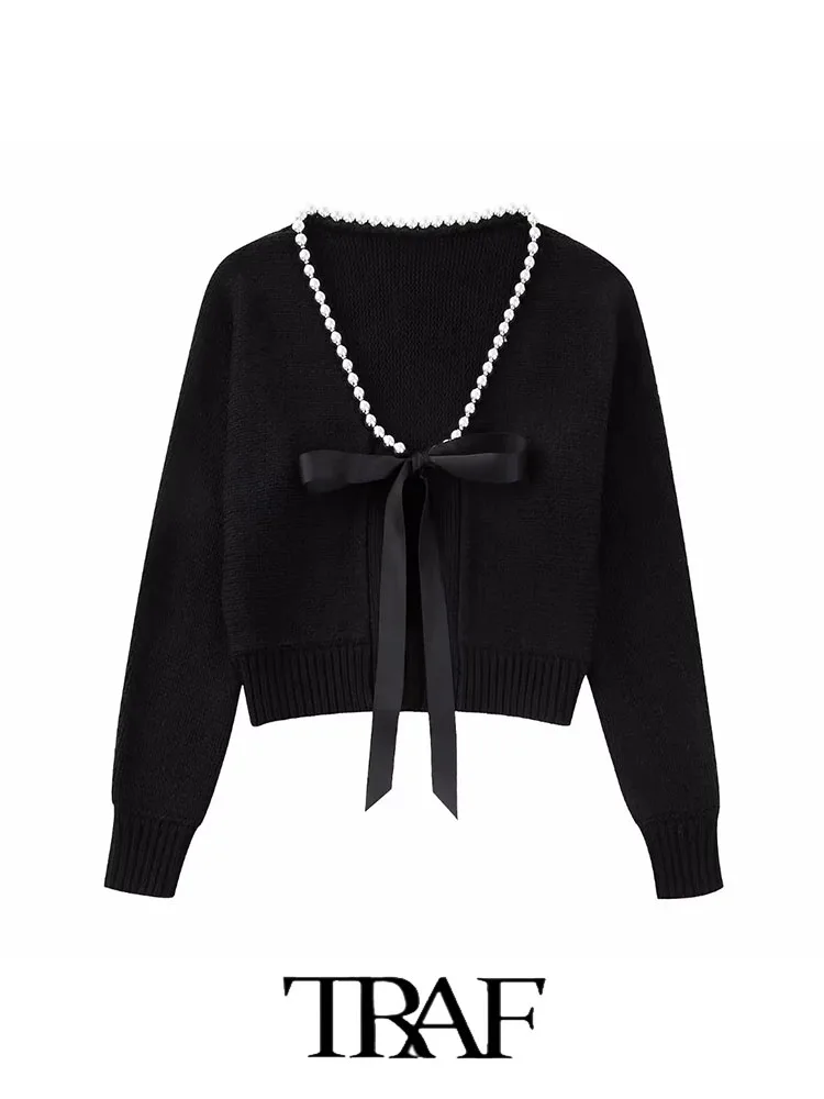 

TRAF 2022 Fashion New Leisure New Fashion Artificial Pearl Collar Bow Tie Knit Cardigan Coat Autumn Winter Long Sleeve Sweater