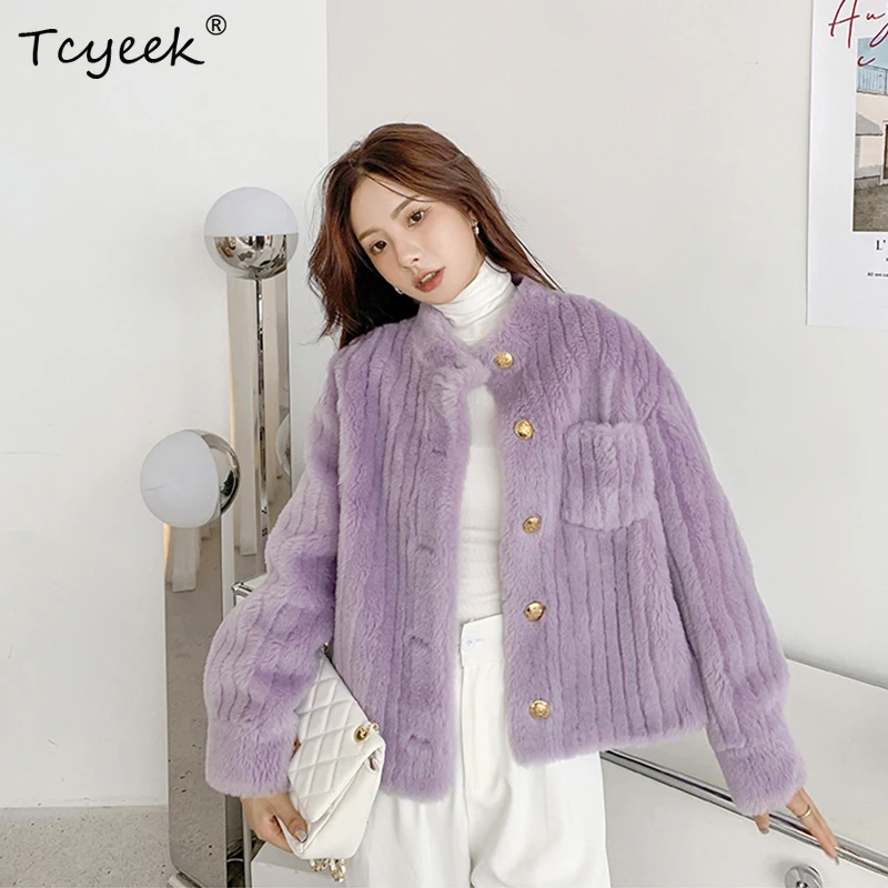 

Women's Winter Sheepskin Coat Solid Casual Standing Collar Lamb Fur Single Breasted Bar Texture Real Fur Cropped Jacket Female
