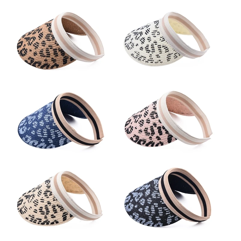 

634C Woman Sun Visor Retro Leopard Print Straw Hat Sun Protection for Daily Wear