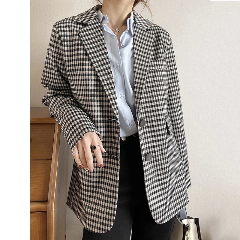 Vintage Plaid Women's Blazer Jackets Office Lady Work Wear Outerwear Single-breasted Loose Casual Suit Coats Female