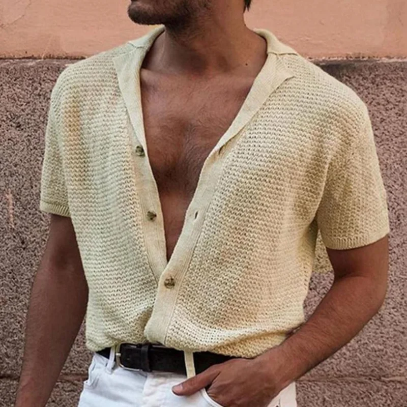 

Buttoned Breathable Cardigan for Men Fashion Streetwear Summer Spring Mens Solid Color Knitted Tops Casual Shirts Lapel
