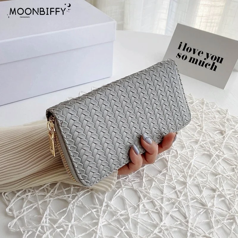 

2023 Women Weave Wallet Leather Wrist Handle Phone Case Long Section Money Pocket Pouch Handbag Women Purse Card Holder Wallet