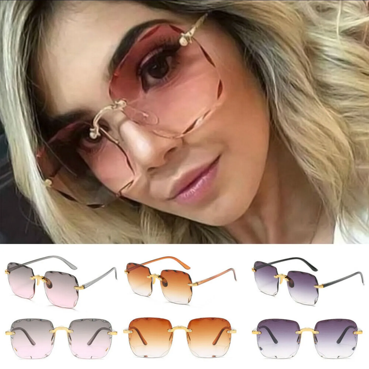 

Vintage Rimless Square Sunglasses Women Fashion Gradient Mirror Retro Sun Glasses Female Trendy Eyewear UV400