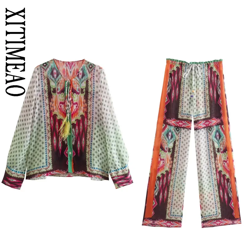 

XITIMEAO Women Fashion With Tied Feathers Printed Blouses Vintage Long Sleeve Front Buttons Female Shirts Blusas Chic Tops