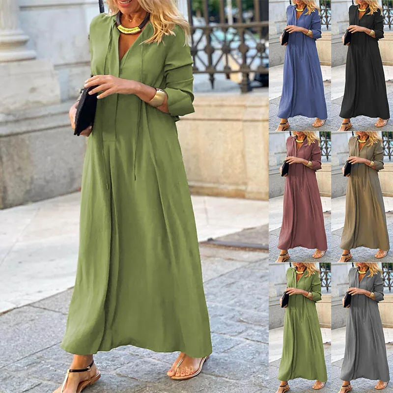 

Women's 2022 New Autumn and Winter Large Swing Skirt Solid Color V-neck Long Sleeved Casual Long Skirt