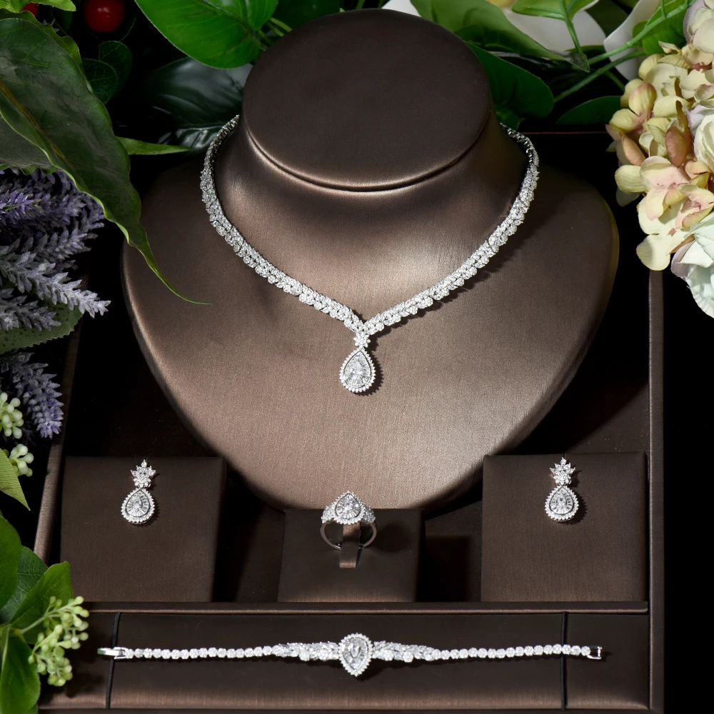 Fashion Romantic 4PCS Water Drop Statement Jewelry Sets for Women Wedding Party Full Zircon Dubai Bridal Necklace Earring S-041