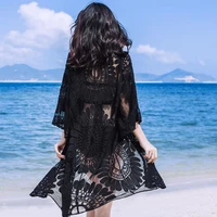 2022 boho black beach dress women summer long loose cover ups embroidery floral lace transparent v lace up 34 sleeve beachwear